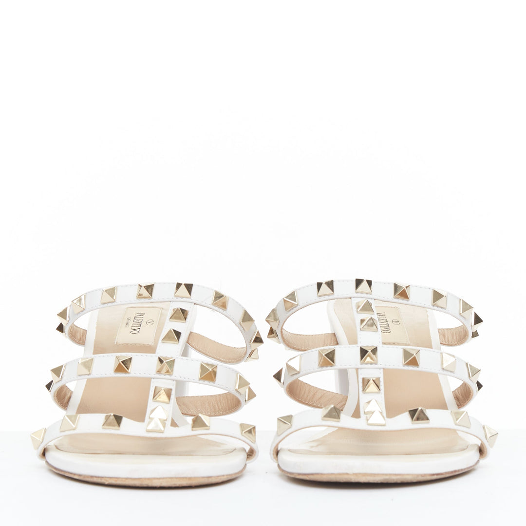VALENTINO Rockstud 60 white leather gold stud caged block sandals EU39