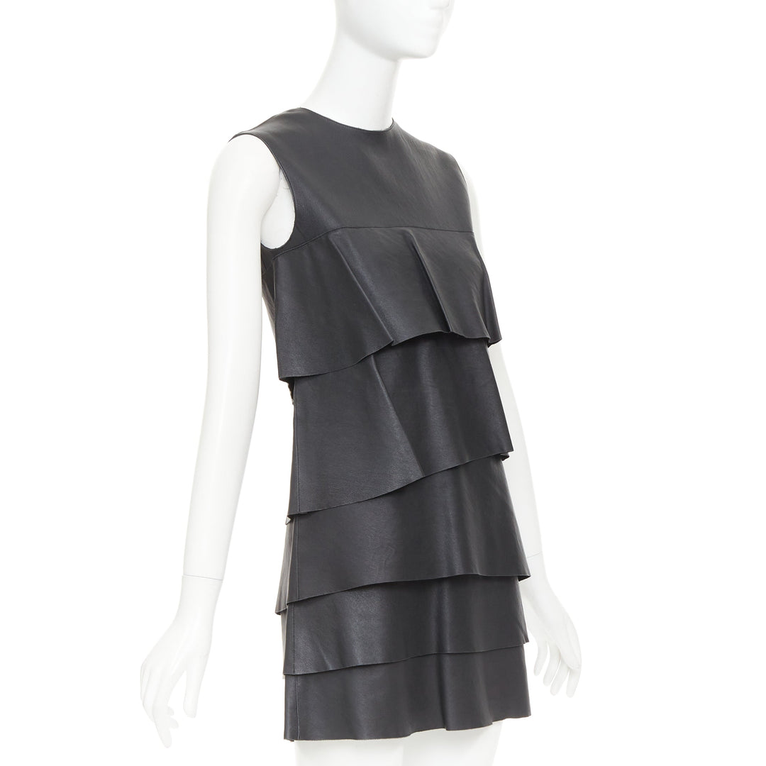 CELINE 2014 Phoebe Philo black lambskin leather crew tiered mini dress FR38 M