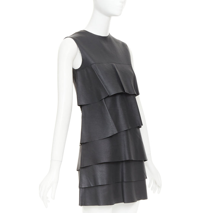CELINE 2014 Phoebe Philo black lambskin leather crew tiered mini dress FR38 M