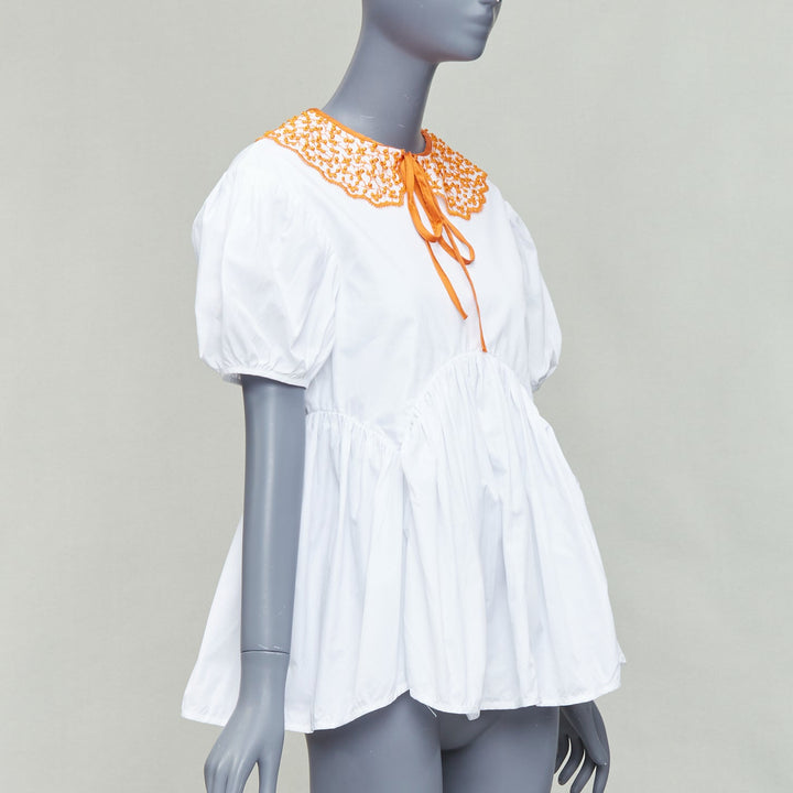 CECILIE BAHNSEN Mie white cotton orange applique collar puff top UK6 XS