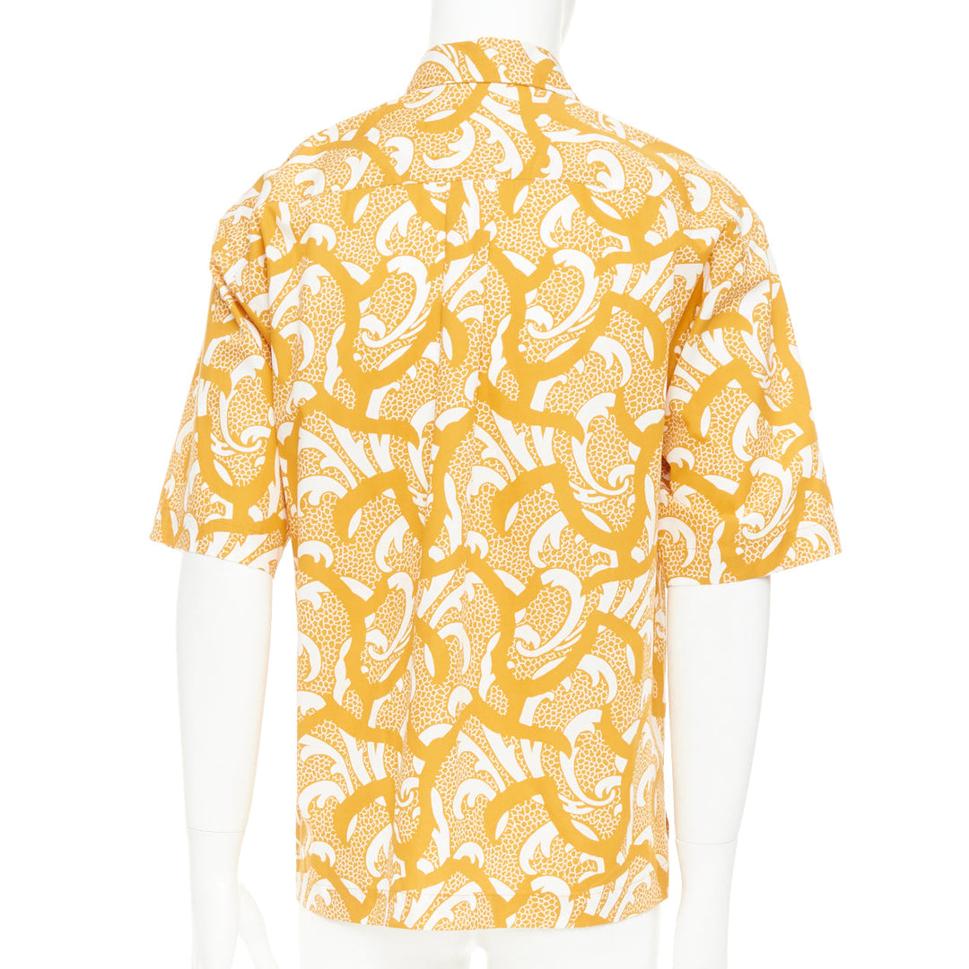 DRIES VAN NOTEN yellow lilac sequin embroidered short sleeve bowling shirt S