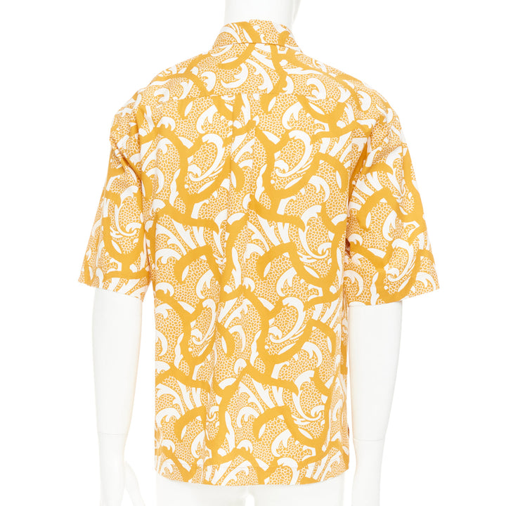 DRIES VAN NOTEN yellow lilac sequin embroidered short sleeve bowling shirt S