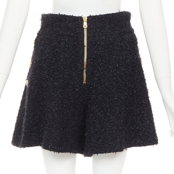 BALMAIN black speckle metallic tweed gold B buttons high rise shorts FR38 M