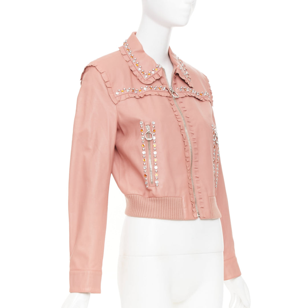 MIU MIU 2016 Runway ruffle studded crystal trim lambskin leather jacket IT42 M