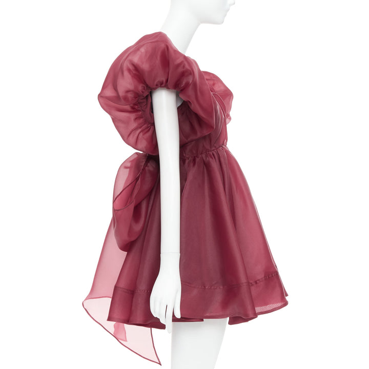 AJE Greta maroon burgundy organza puff sleeve mini dress UK6 XS