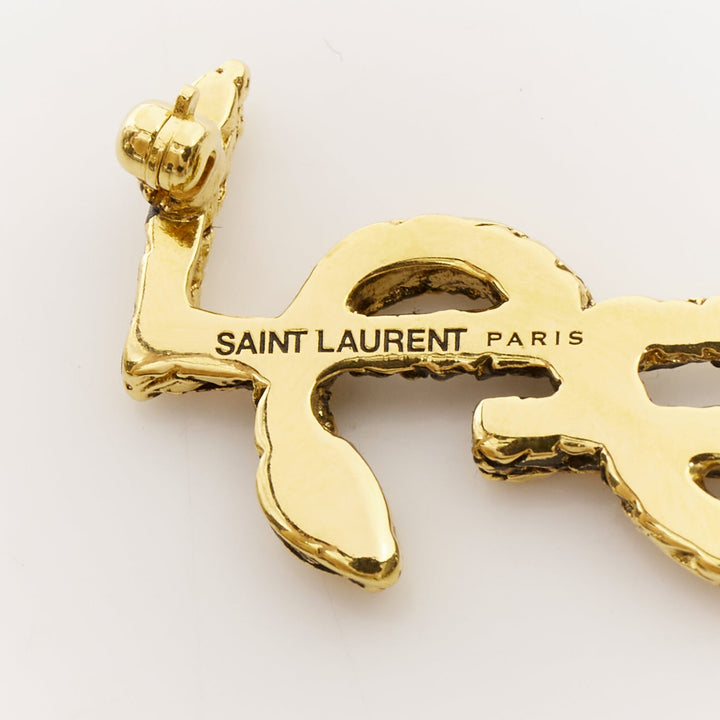 SAINT LAURENT 2022 Cassandre Opyum Snake YSL aged gold textured metal pin brooch