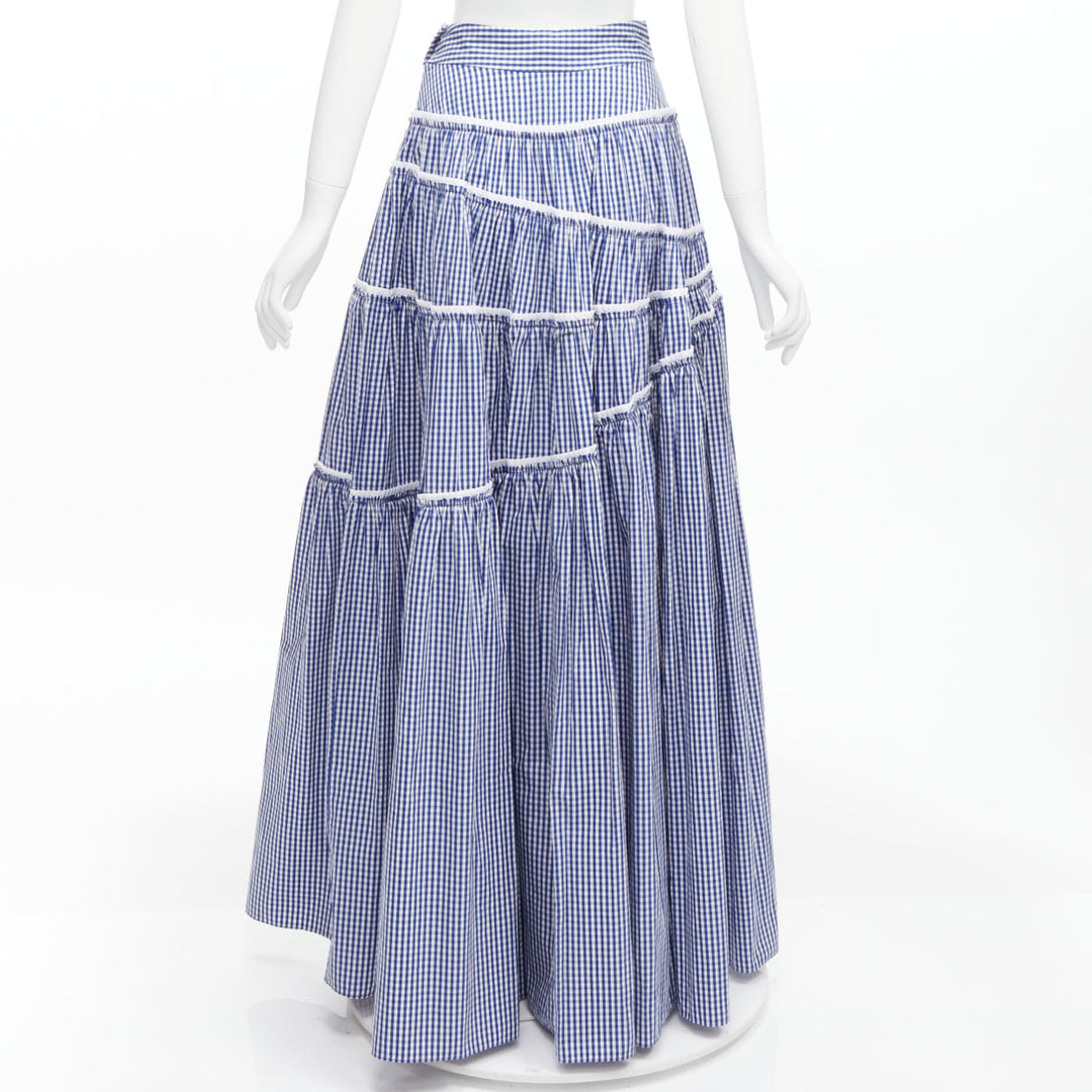 ANAIS JOURDEN blue white gingham print tiered ruffle seam maxi skirt FR36 S