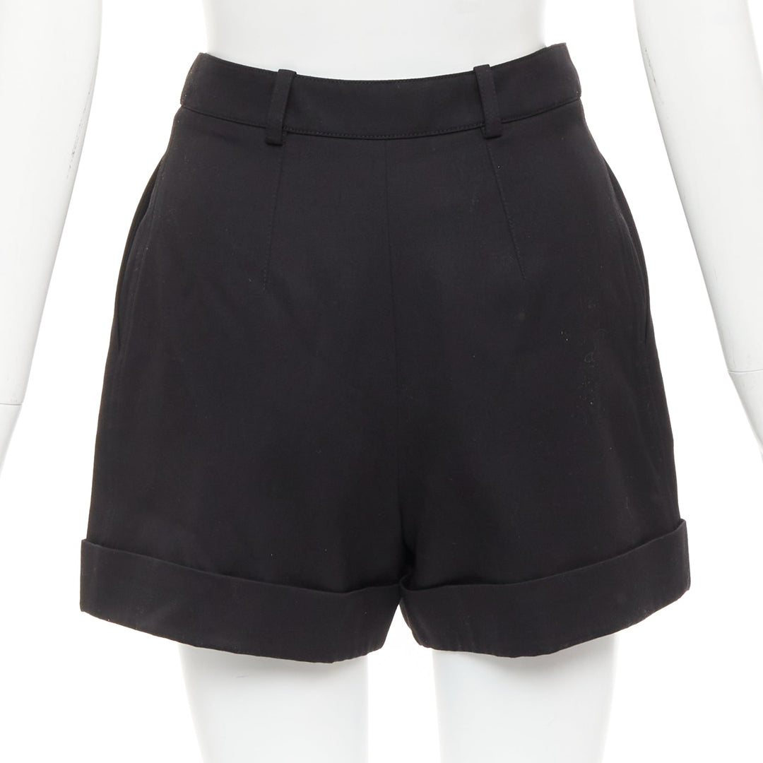 SAINT LAURENT 2019 black virgin wool cuffed high waisted shorts FR36 XS