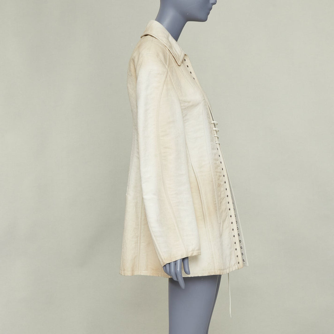 PRADA 2022 Runway Slub beige distressed canvas lace up corset jacket IT36 XXS