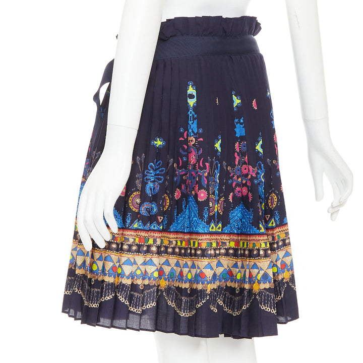 SACAI 2017 navy multicolor circus print belted pleated wrap skorts JP1 S