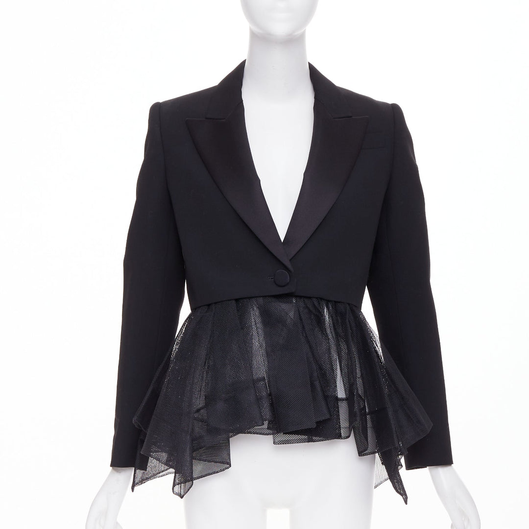ALEXANDER MCQUEEN 2022 black wool peplum tulle single button tux blazer IT36 XXS