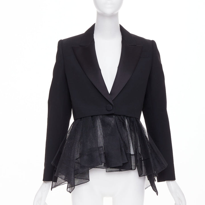 ALEXANDER MCQUEEN 2022 black wool peplum tulle single button tux blazer IT36 XXS
