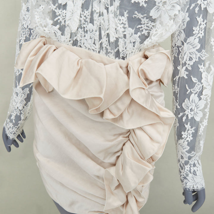 MAGDA BUTRYM Bridal Floral white lace ruffle draped satin mini dress FR34 XS