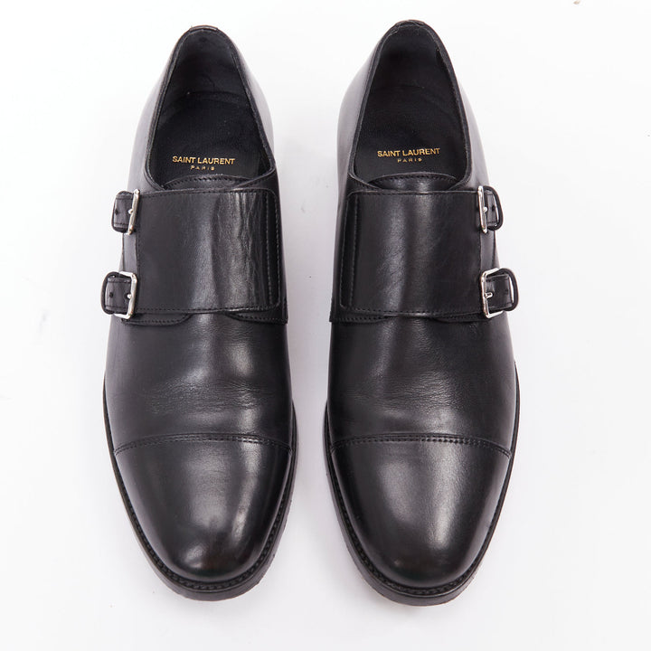 SAINT LAURENT black leather silver buckle double monk strap oxford shoes EU35.5
