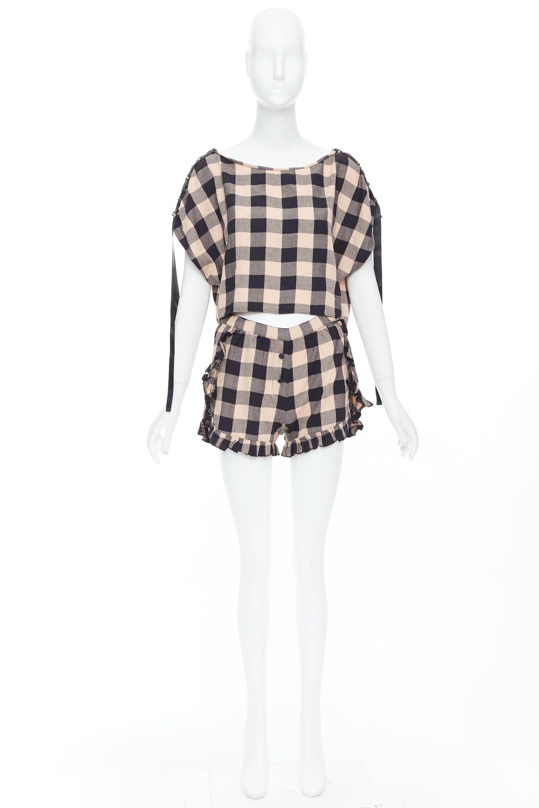 MORGAN LANE peach black cotton ribbon trim checkered top short set P