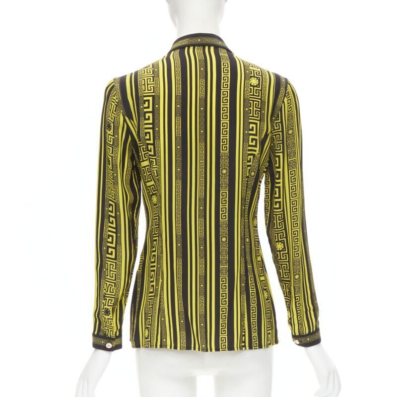 VERSACE 100% silk black gold Greca print Medusa button slim fit shirt IT38 XS