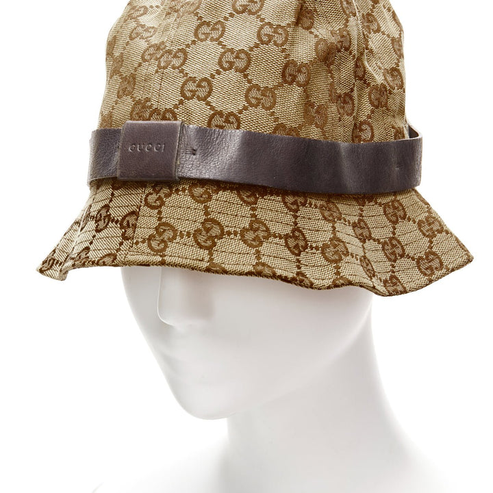 GUCCI Vintage brown GG monogram leather trim bucket hat L