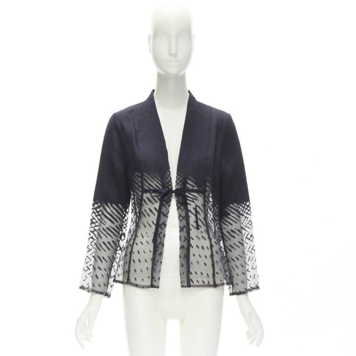 KENZO JUNGLE Vintage black linen sheer degrade damask kimono jacket FR38 S