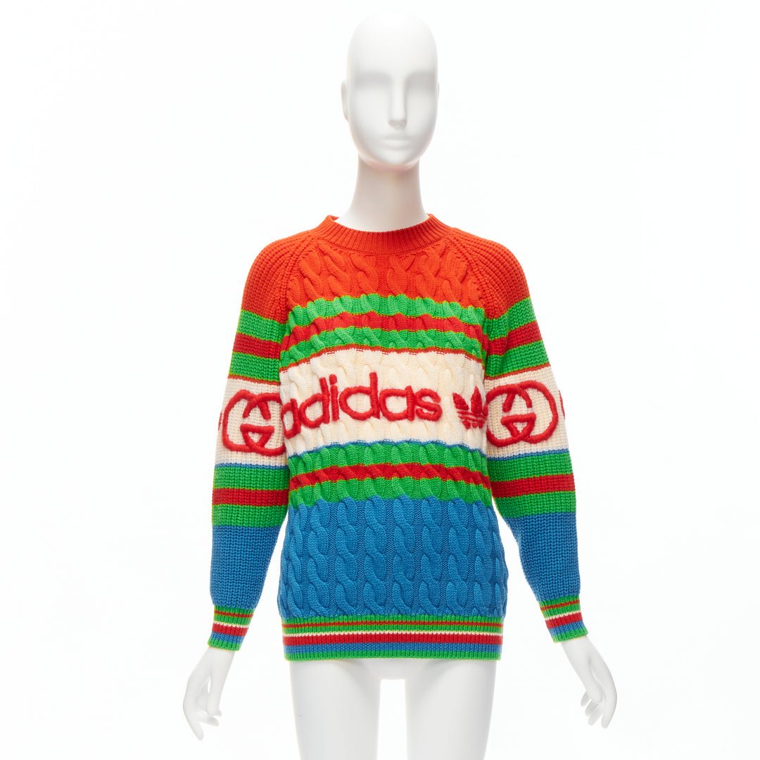 GUCCI ADIDAS 2022 100% wool red green 3D logo embroidery cable sweater XXS