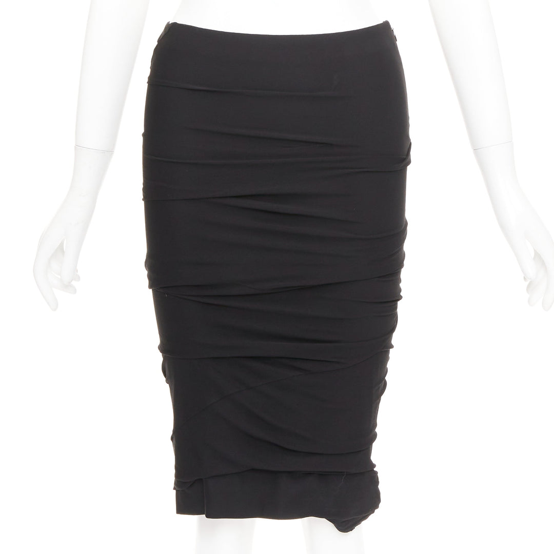 TOM FORD black viscose ruched high waisted asymmetric knee pencil skirt IT36 XXS