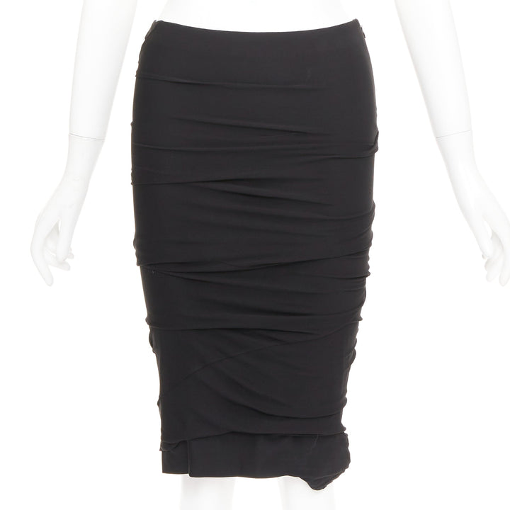 TOM FORD black viscose ruched high waisted asymmetric knee pencil skirt IT36 XXS