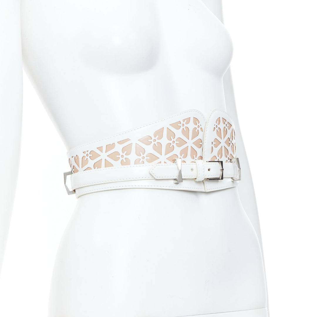 ALEXANDER MCQUEEN white laser cut leather floral silhouette waist belt 65cm