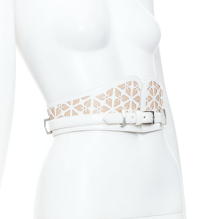 ALEXANDER MCQUEEN white laser cut leather floral silhouette waist belt 65cm