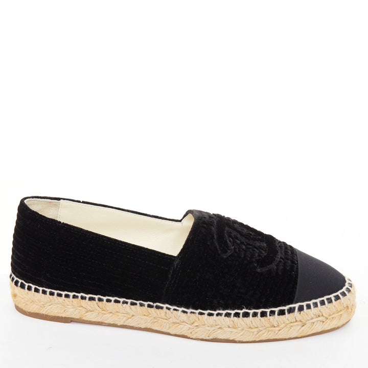 CHANEL black velvet grosgrain CC logo cap toe slip on flat espadrilles EU39