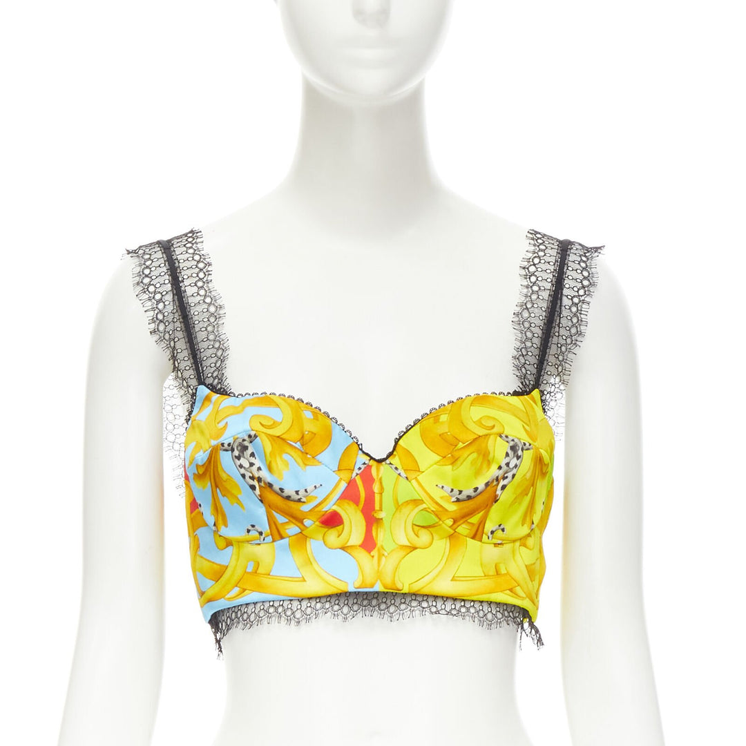 VERSACE Barocco Acanthus Pop print lace trim boned bustier bra top IT38 XS