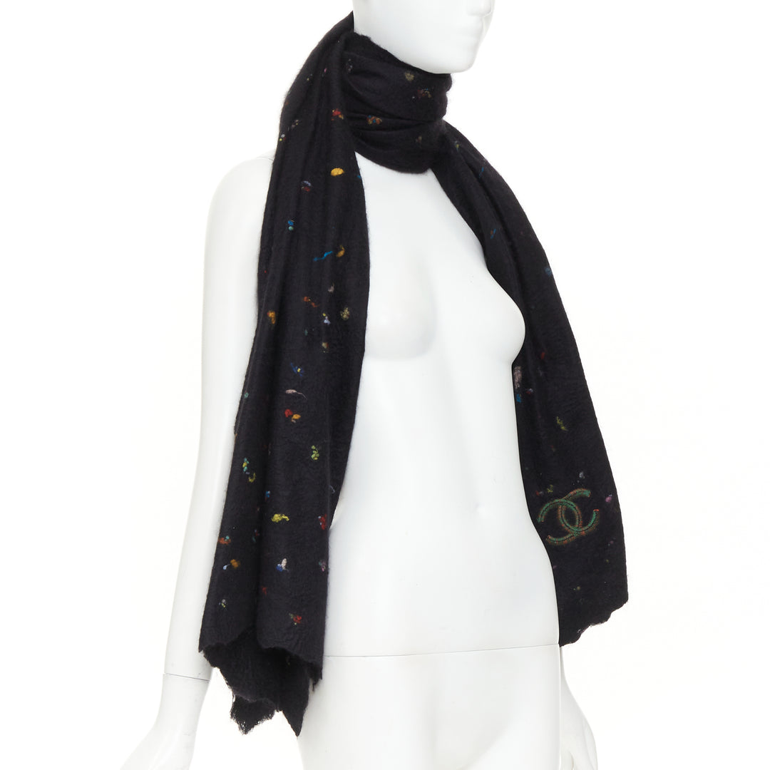 CHANEL 2024 black confetti speckle cashmere wool silk CC embroidered logo scarf