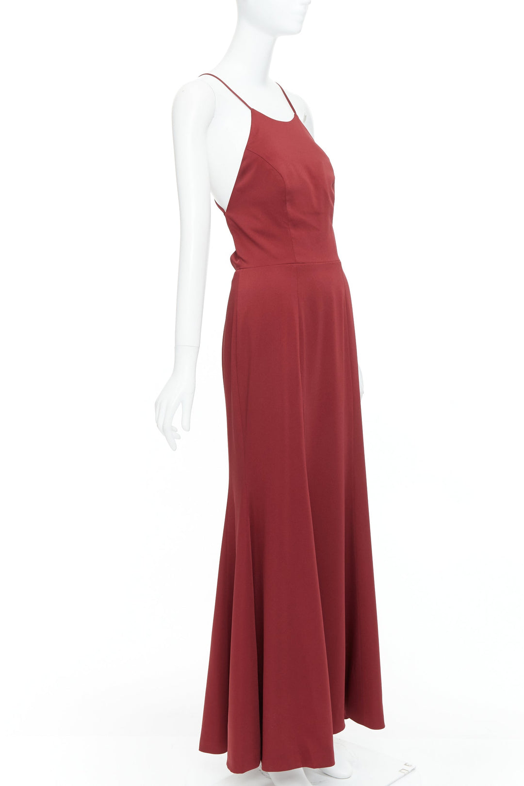 JENNY YOO red satin halter lace up back fit flare long gown US4 S