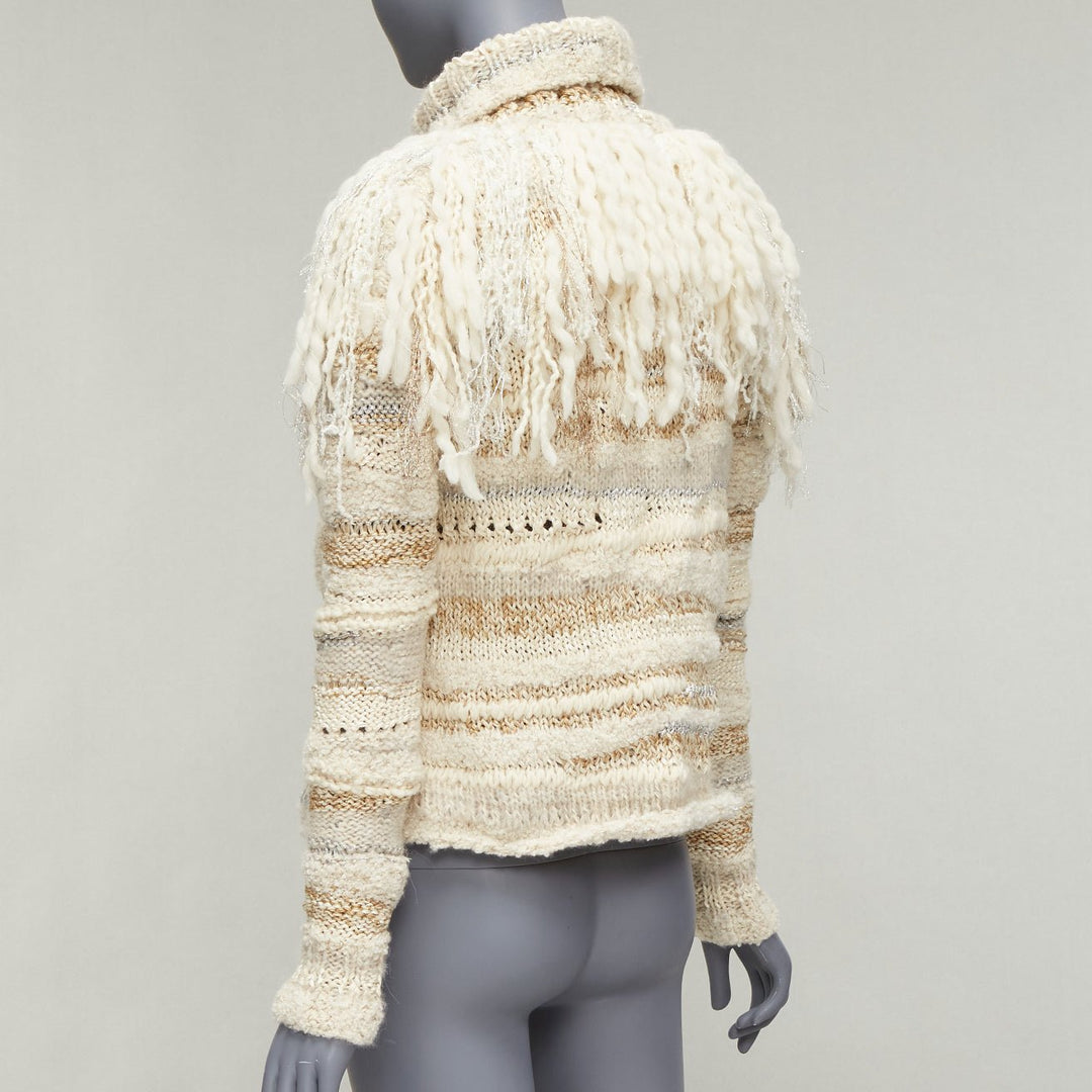 PRABAL GURUNG cream gold wool silk blend ethnic fringe crochet sweater XS