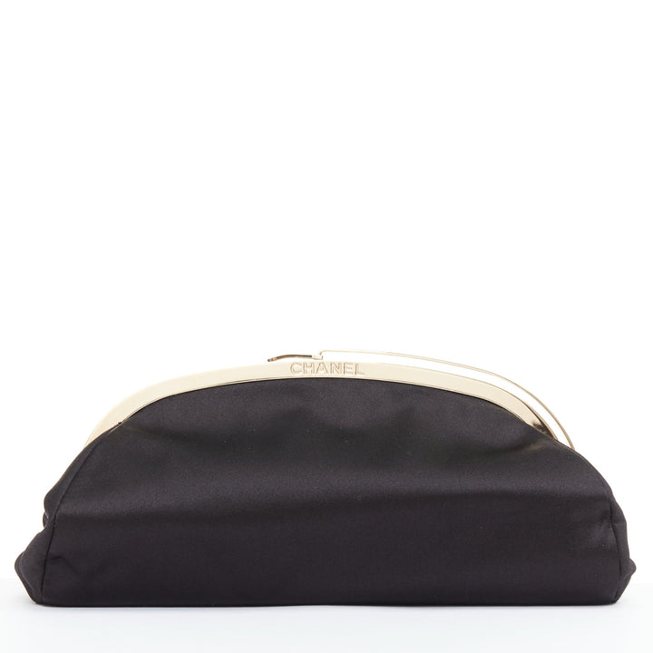 CHANEL Vintage black satin gold frame slide lock half moon evening clutch bag