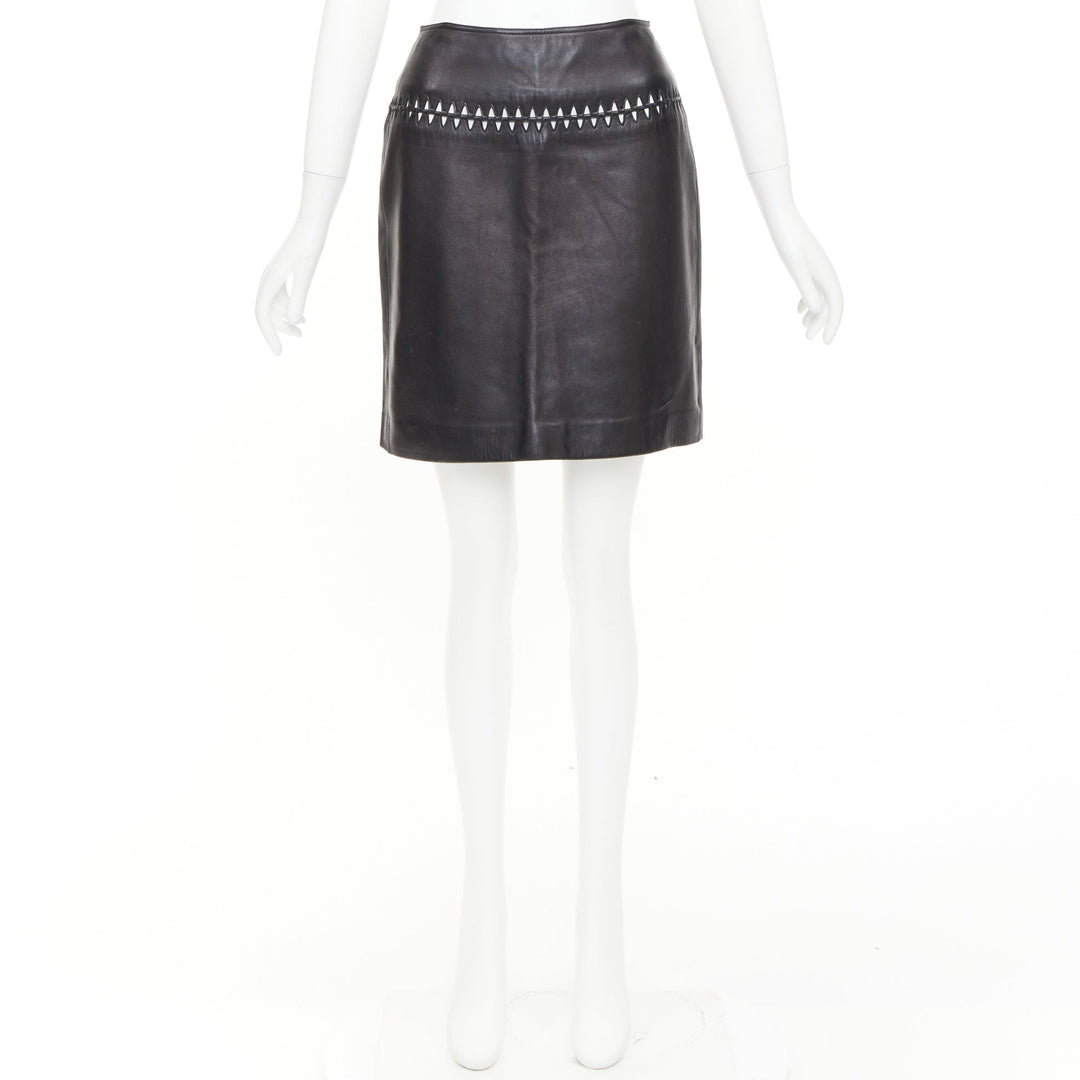 ALAIA black lambskin leather topstitched geometric cut out pencil skirt FR40 L