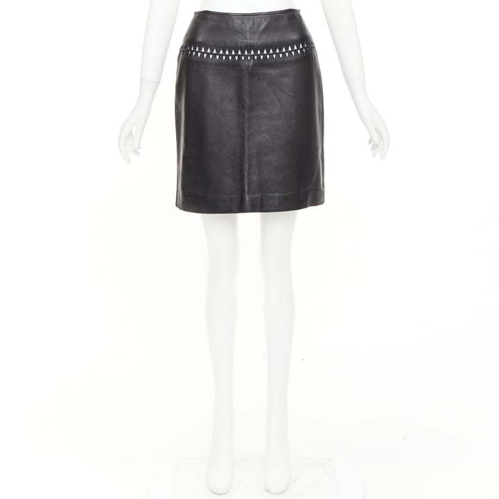 ALAIA black lambskin leather topstitched geometric cut out pencil skirt FR40 L