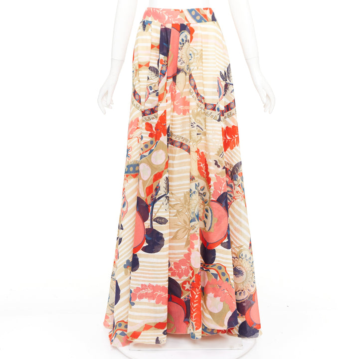 CHRISTIAN LACROIX stripe floral kaleidoscope print cotton silk skirt FR46 3XL