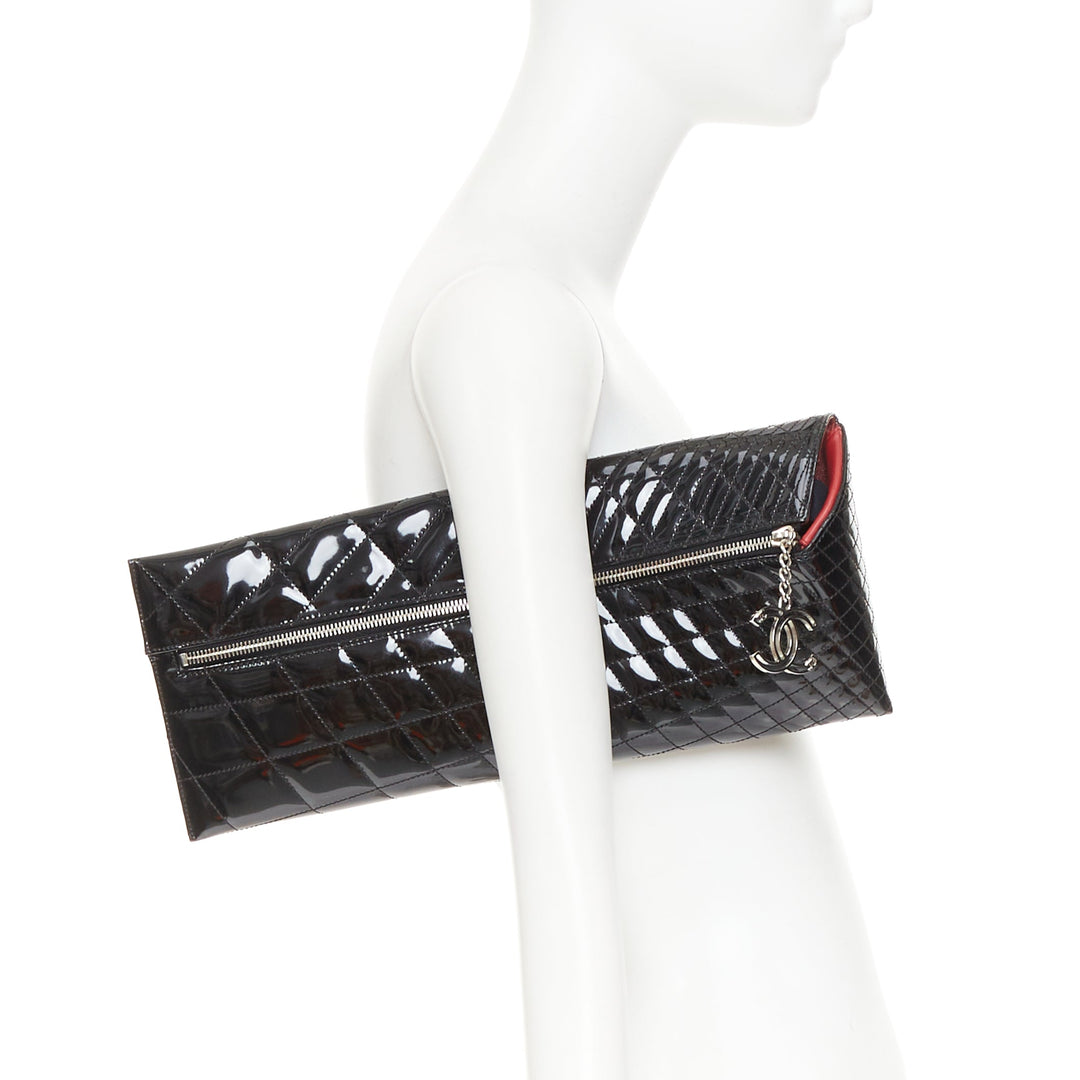 CHANEL 2008 Runway Kaleidoscope black patent geometric quilting asymmetric bag
