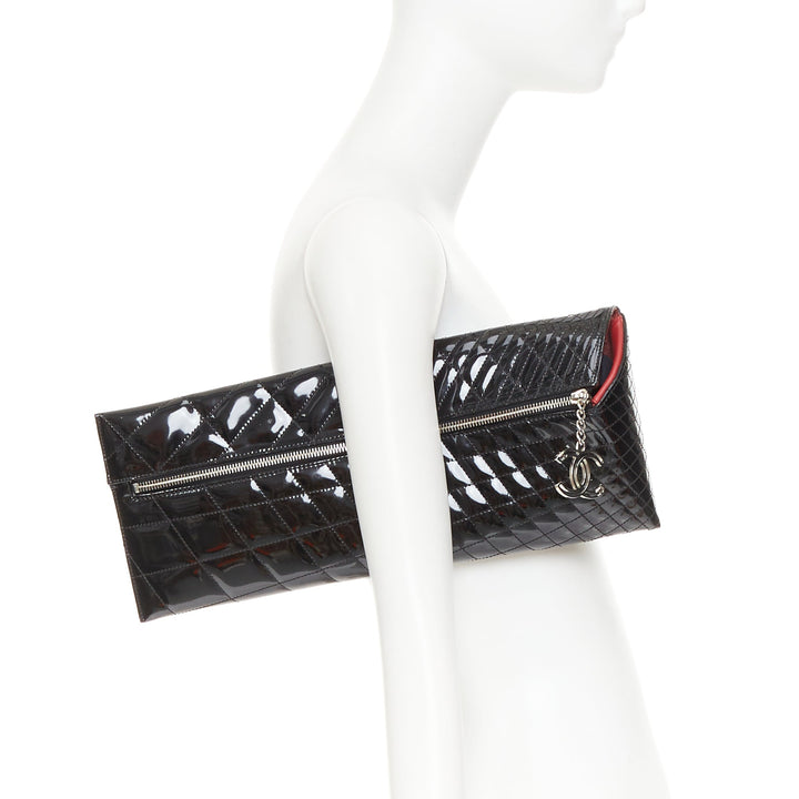 CHANEL 2008 Runway Kaleidoscope black patent geometric quilting asymmetric bag