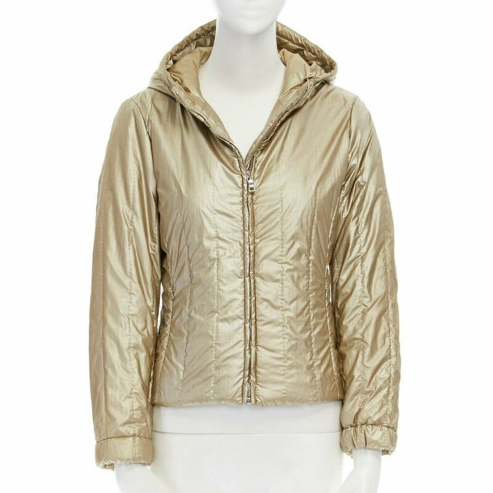 PRADA metallic gold nylon polyester padded hooded fitted winter jacket IT38 XS
