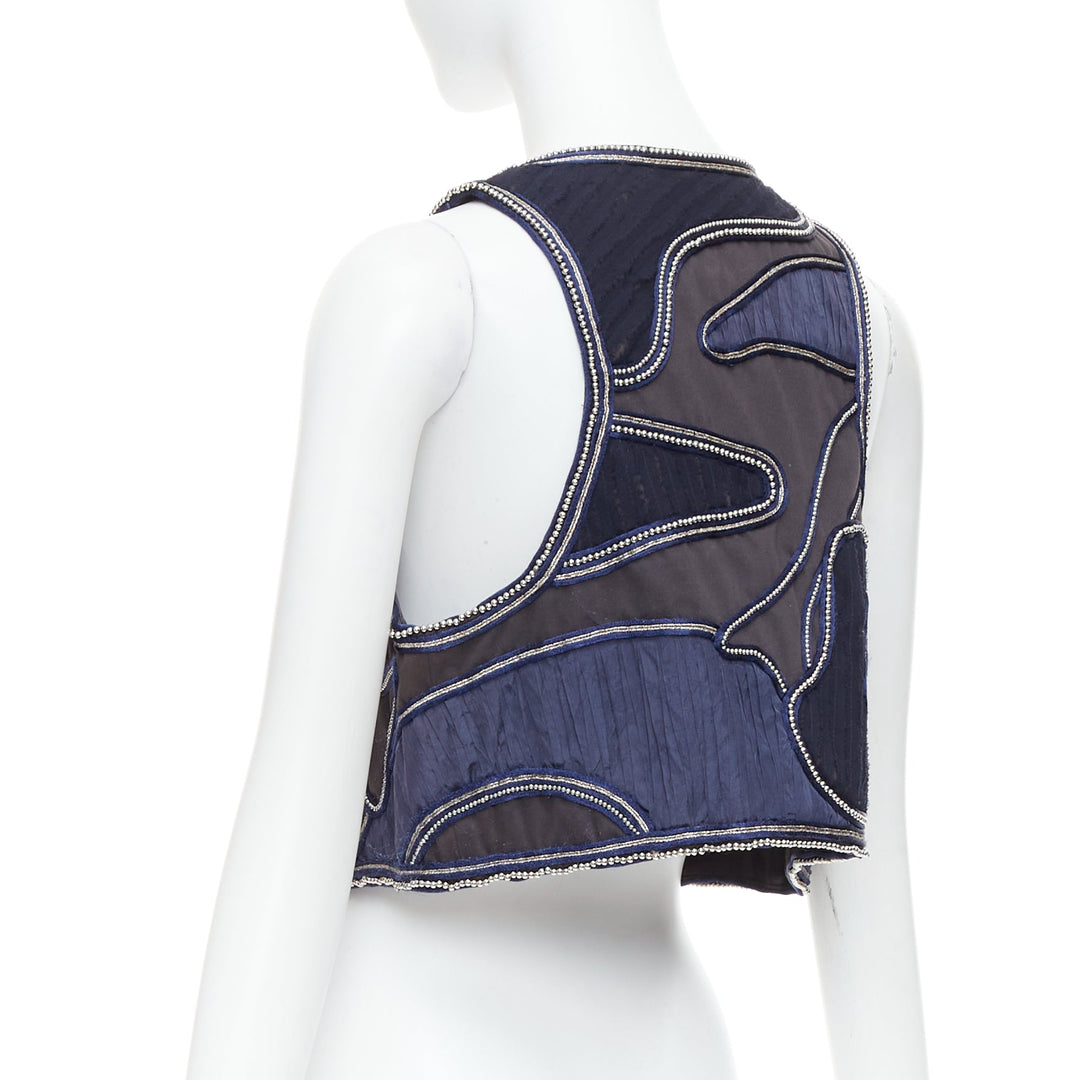 3.1 PHILLIP LIM blue silver dome studded silk lined patchwork vest US4 S