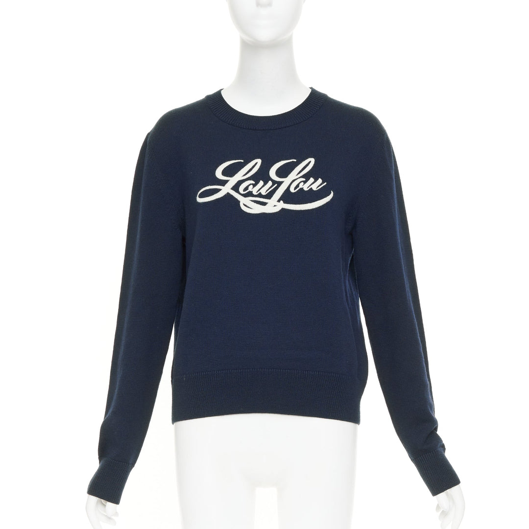 SAINT LAURENT 2017 LouLou Script navy wool cream embroidered crew neck sweater M