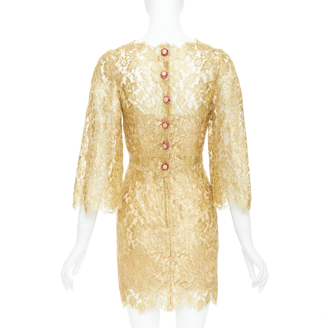 DOLCE GABBANA metallic gold laminated lace pink crystal buttons dress IT36 XXS