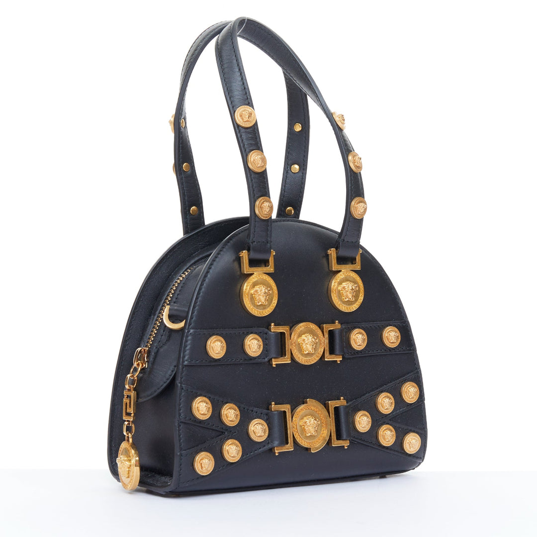 VERSACE 2018 Runway Tribute Medallion small black leather gold buckles bag