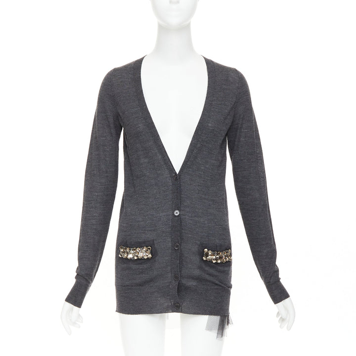 VERA WANG grey wool black tulle lined crystal embellished cardigan sweater