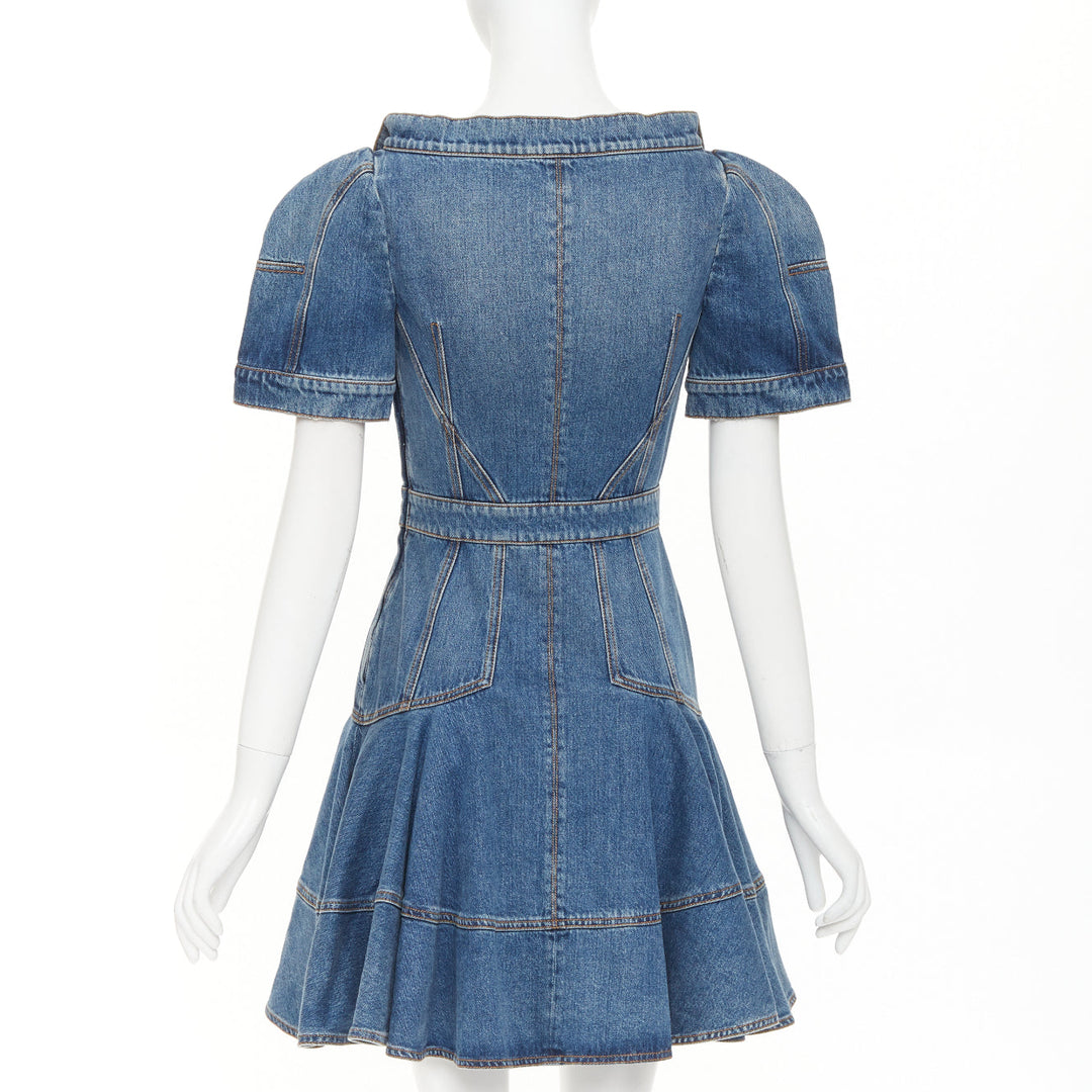 ALEXANDER MCQUEEN 2021 Runway blue denim open boat neck puff sleeve dress IT40 S