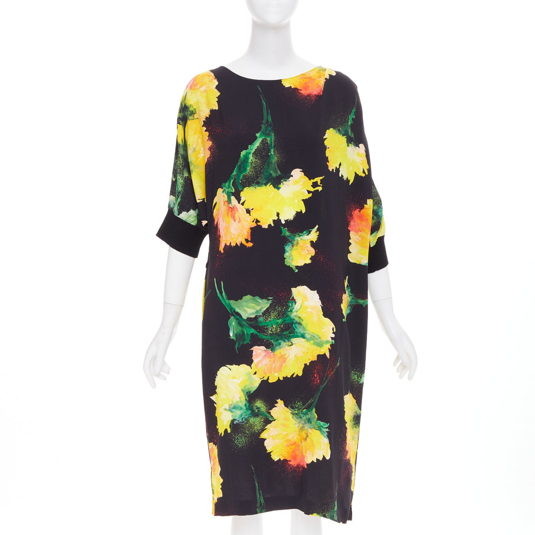 ESCADA graphic floral yellow orange black viscose dolman sleeve dress FR42 XL