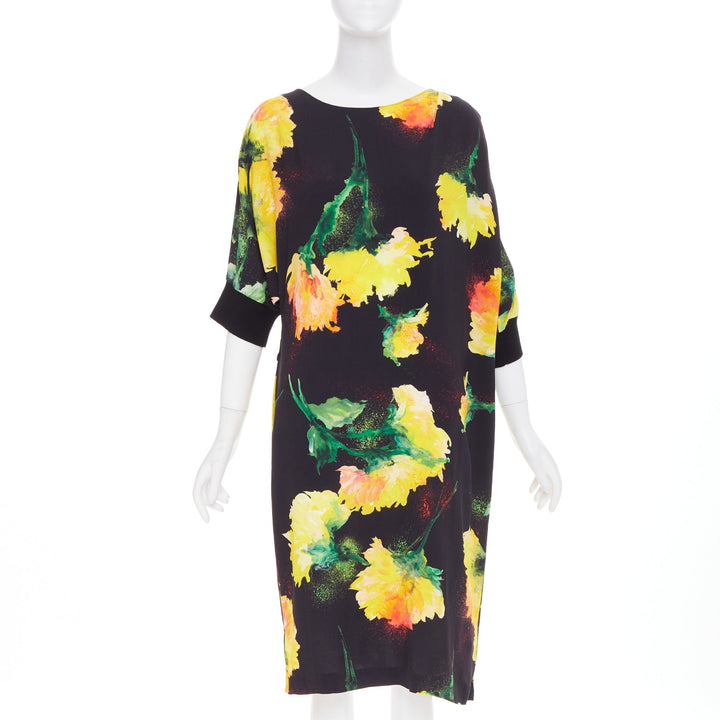 ESCADA graphic floral yellow orange black viscose dolman sleeve dress FR42 XL