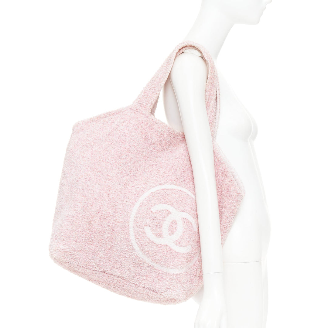 CHANEL Cruise Line pink cotton towelling CC big beach tote bag