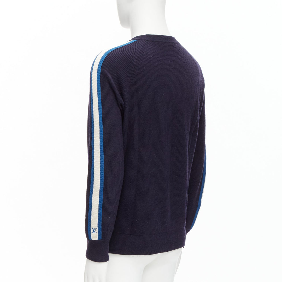 LOUIS VUITTON blue white LV logo trim navy wool cashmere raglan sweater M