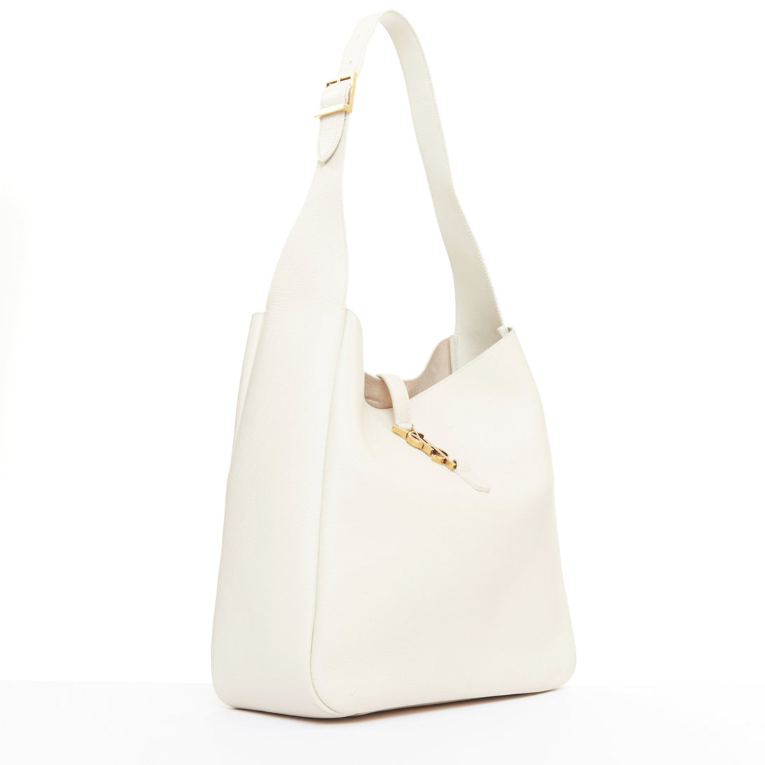 SAINT LAURENT 2024 Le 5 a 7 off white calfskin YSL logo Large hobo tote bag